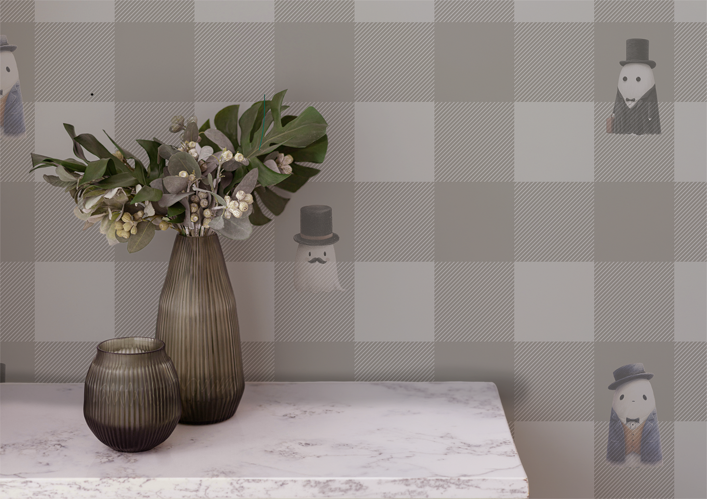 Beige checkerboard peel and stick wallpaper with striped squares and whimsical ghost figures in top hats and suits