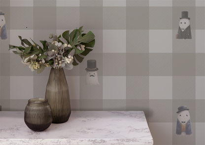 Beige checkerboard peel and stick wallpaper with striped squares and whimsical ghost figures in top hats and suits