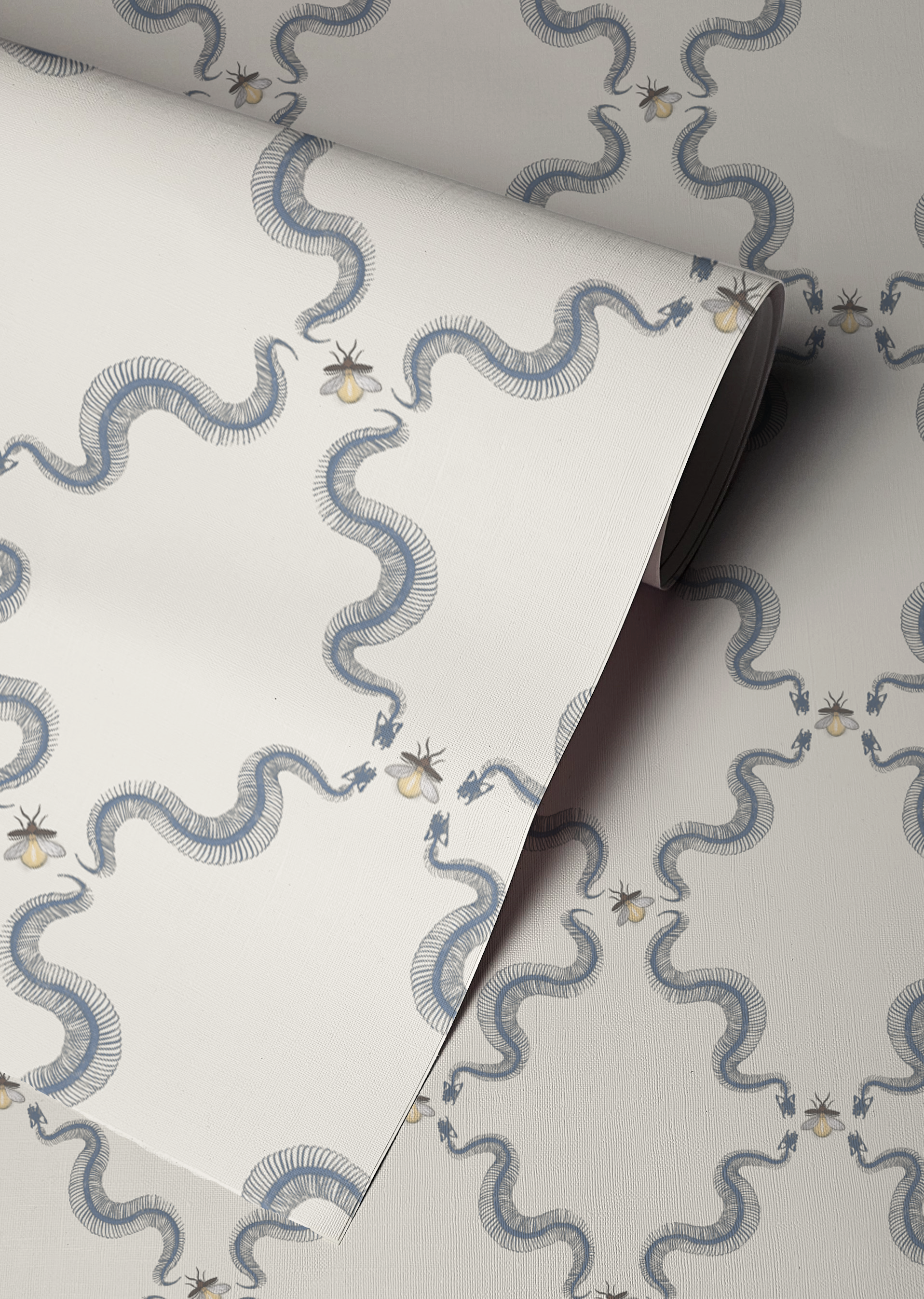 Snake skeleton wallpaper with repeating skeletal serpents and small bees, vintage peel and stick wallpaper pattern up close
