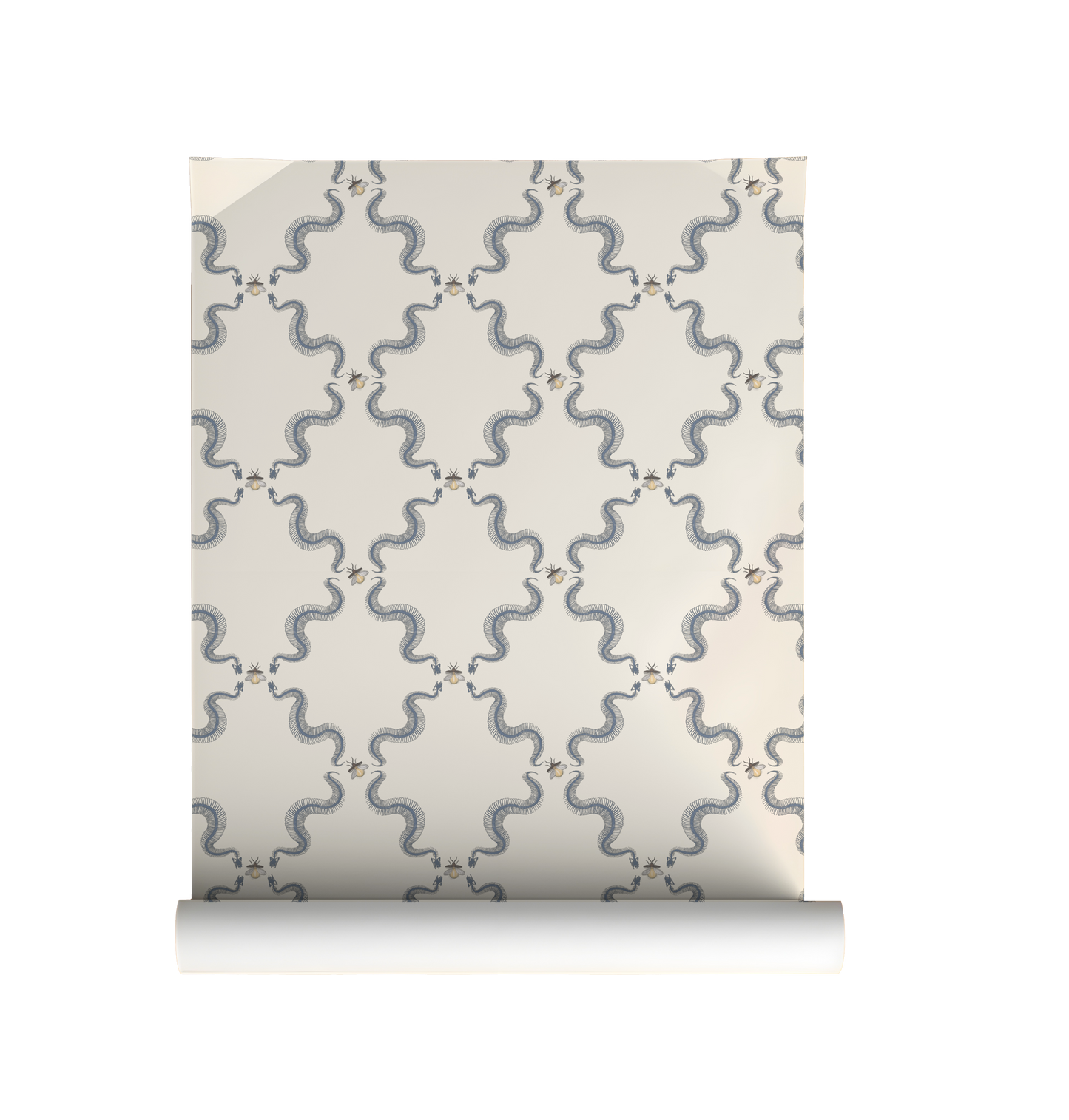 Snake skeleton wallpaper with repeating skeletal serpents and small bees, vintage peel and stick wallpaper pattern on roll