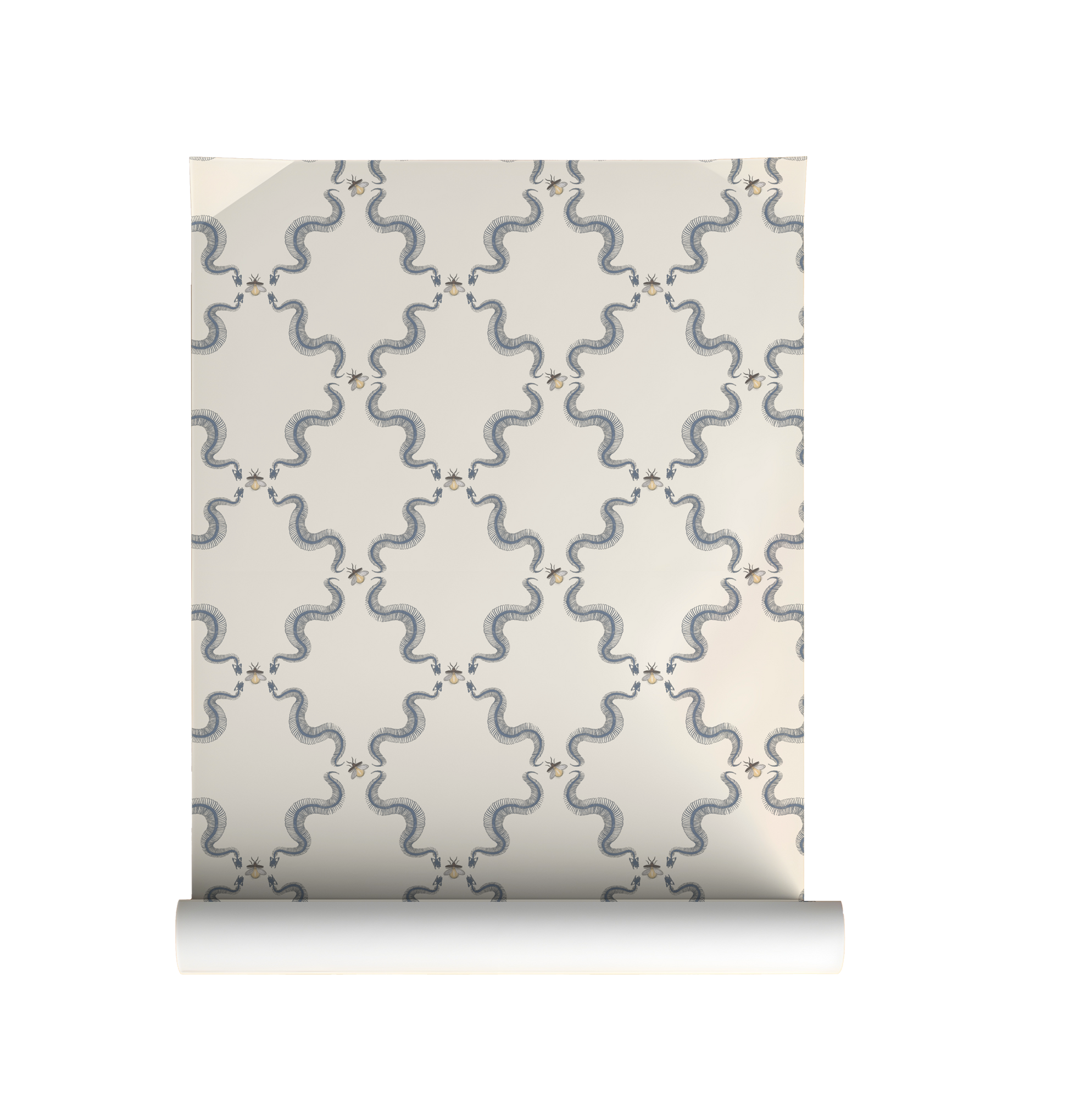 Snake skeleton wallpaper with repeating skeletal serpents and small bees, vintage peel and stick wallpaper pattern on roll
