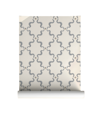 Snake skeleton wallpaper with repeating skeletal serpents and small bees, vintage peel and stick wallpaper pattern on roll