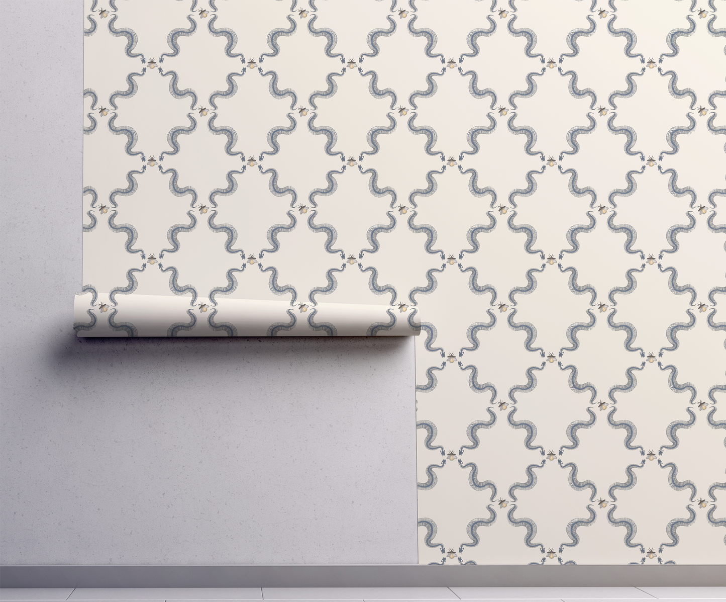 Snake skeleton wallpaper with repeating skeletal serpents and small bees, vintage peel and stick wallpaper pattern on wall