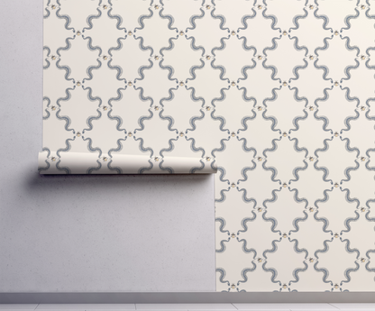 Snake skeleton wallpaper with repeating skeletal serpents and small bees, vintage peel and stick wallpaper pattern on wall