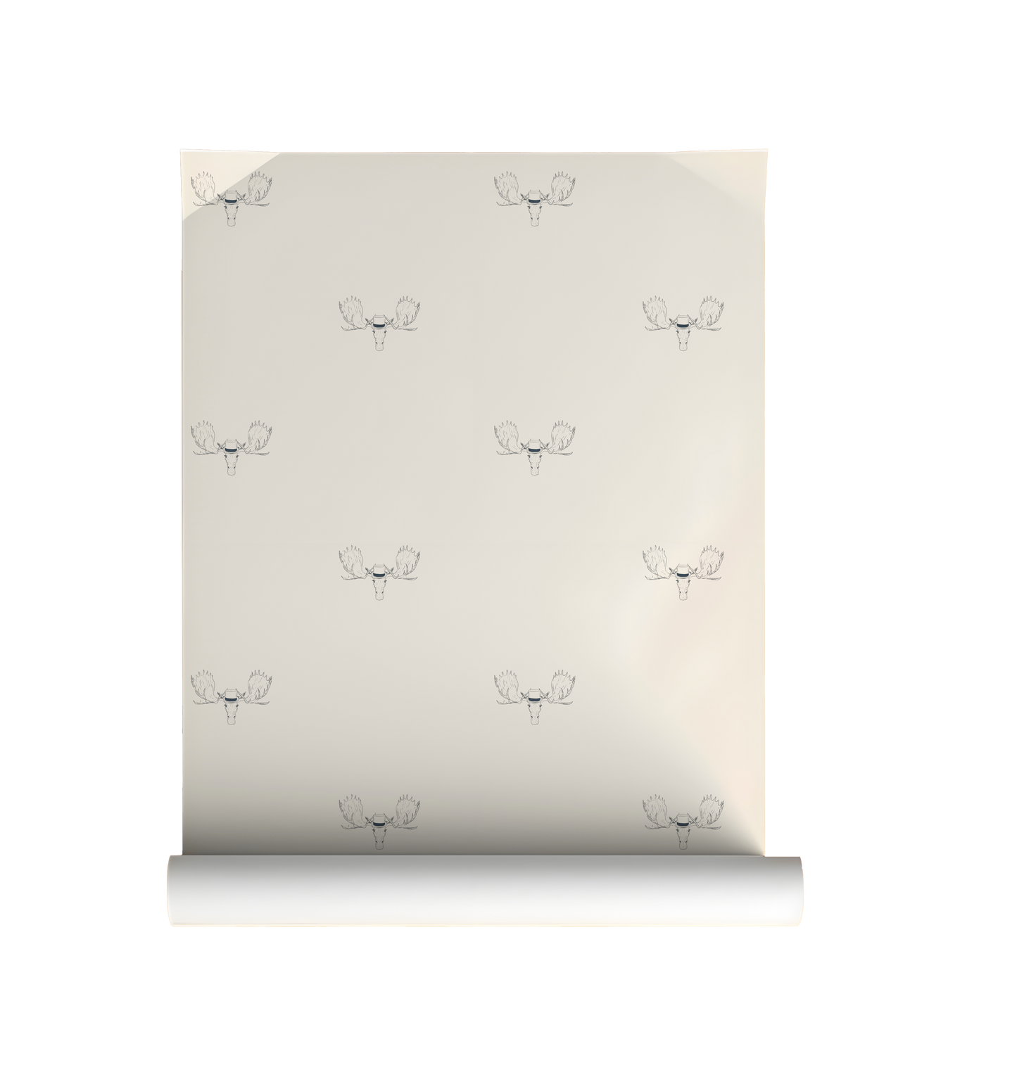 Minimal wallpaper with repeating moose head illustration wearing a top hat, subtle whimsical peel and stick wallpaper pattern on roll