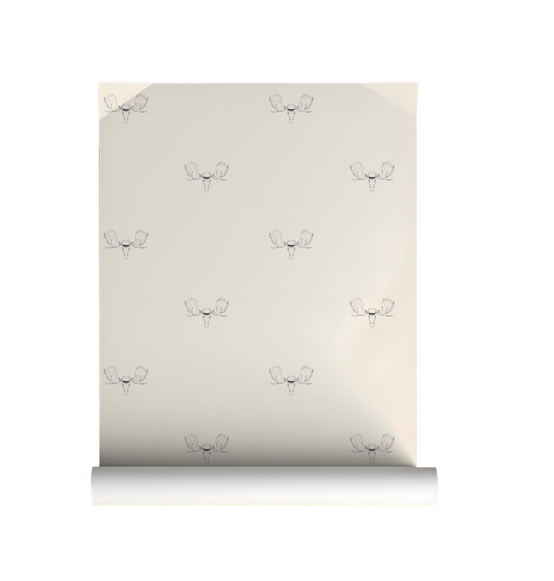 Minimal wallpaper with repeating moose head illustration wearing a top hat, subtle whimsical peel and stick wallpaper pattern on roll