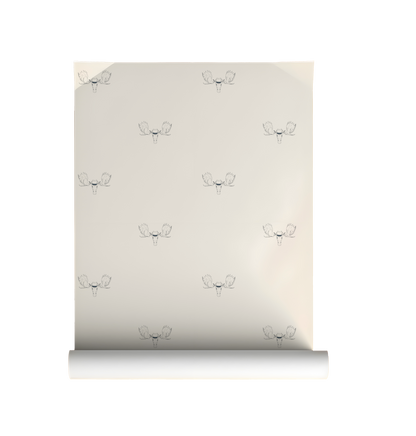 Minimal wallpaper with repeating moose head illustration wearing a top hat, subtle whimsical peel and stick wallpaper pattern on roll