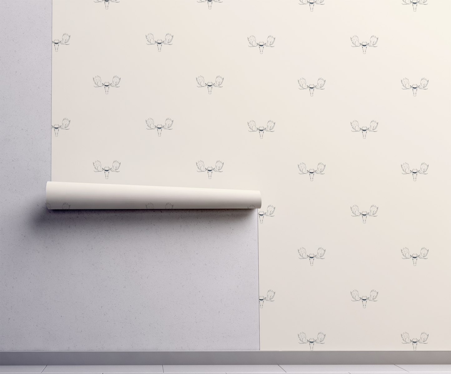 Minimal wallpaper with repeating moose head illustration wearing a top hat, subtle whimsical peel and stick wallpaper pattern repeat pattern