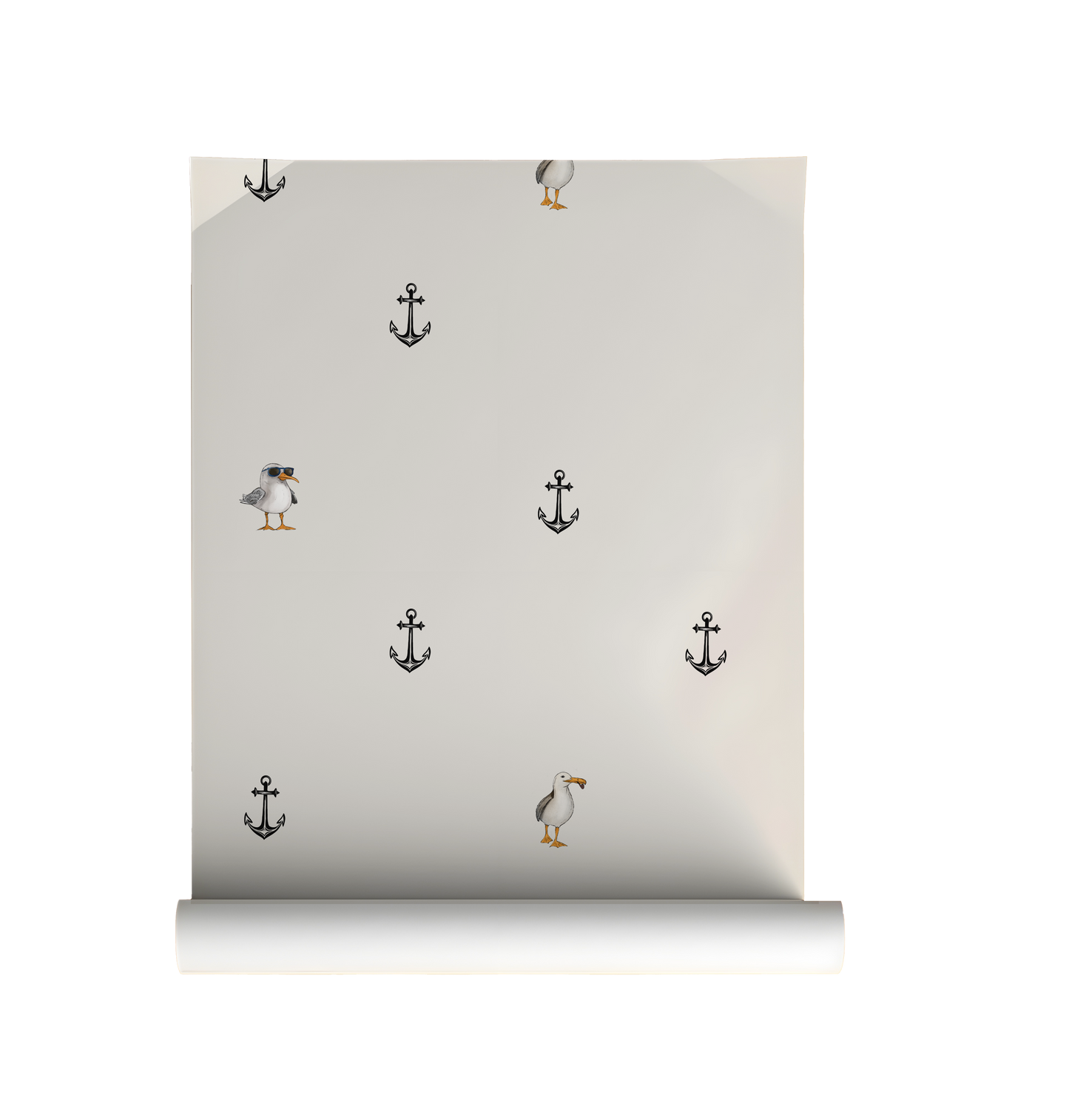 Whimsical nautical wallpaper with scattered anchors and quirky seagull illustration, minimalist peel and stick wallpaper on roll