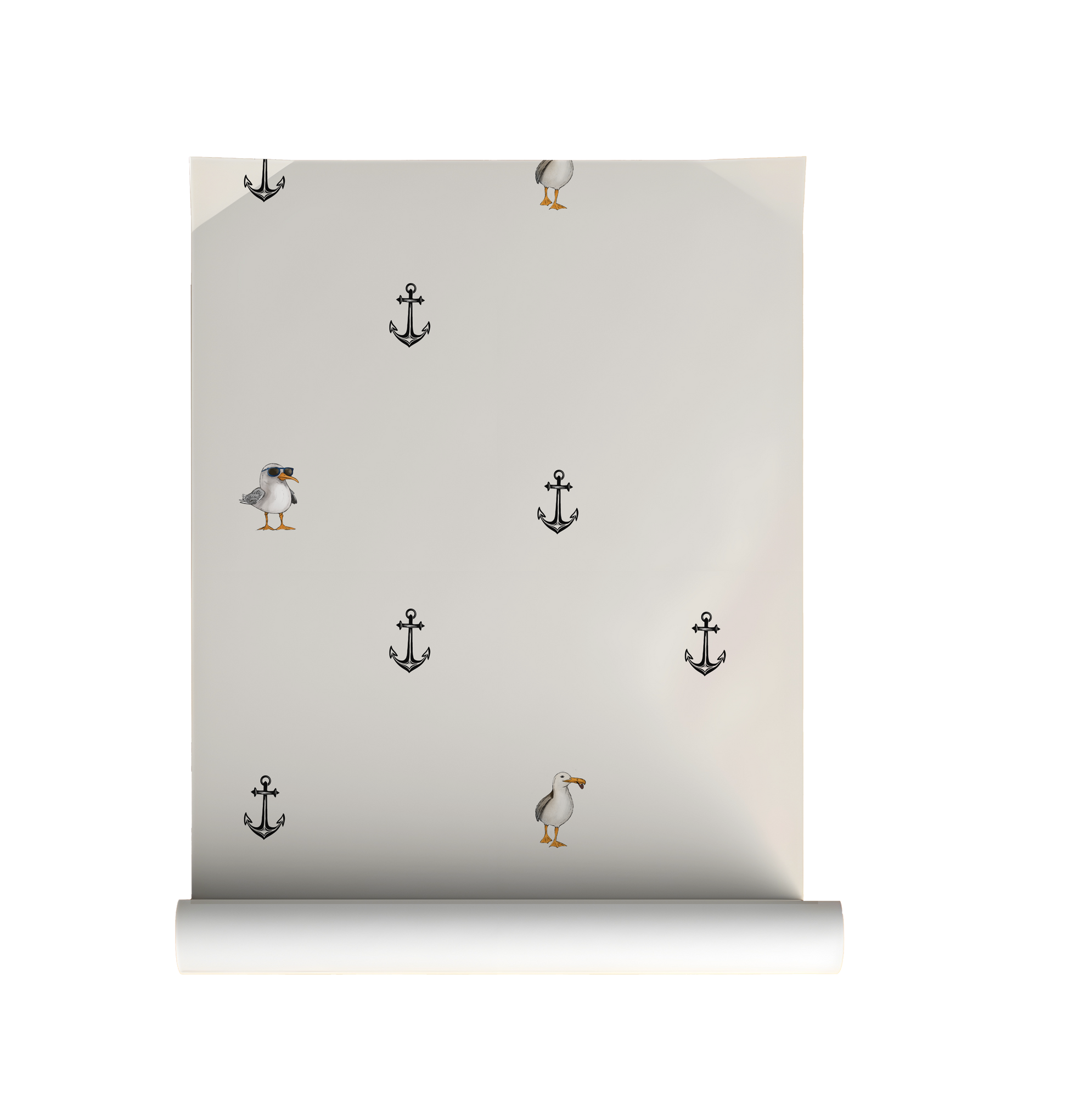 Whimsical nautical wallpaper with scattered anchors and quirky seagull illustration, minimalist peel and stick wallpaper on roll