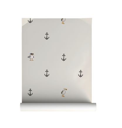 Whimsical nautical wallpaper with scattered anchors and quirky seagull illustration, minimalist peel and stick wallpaper on roll