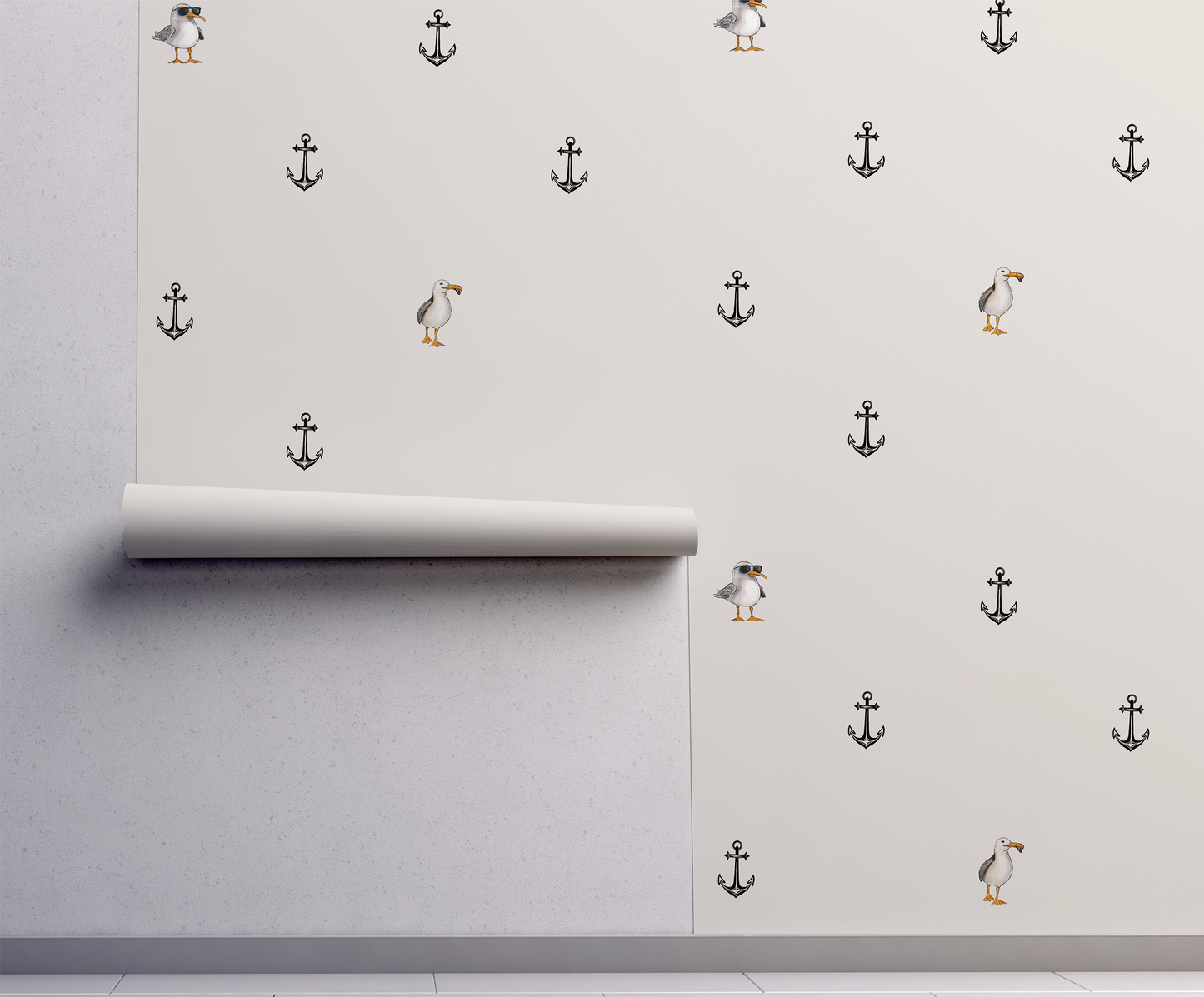 Whimsical nautical wallpaper with scattered anchors and quirky seagull illustration, minimalist peel and stick wallpaper pattern repeat