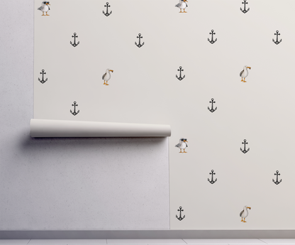 Whimsical nautical wallpaper with scattered anchors and quirky seagull illustration, minimalist peel and stick wallpaper pattern repeat