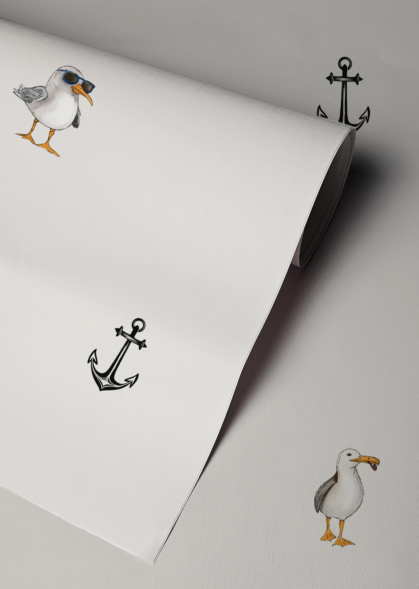 Whimsical nautical wallpaper with scattered anchors and quirky seagull illustration, minimalist peel and stick wallpaper up close