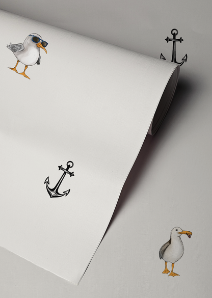 Whimsical nautical wallpaper with scattered anchors and quirky seagull illustration, minimalist peel and stick wallpaper up close
