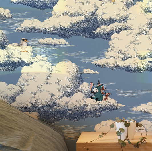 Whimsical cloud wallpaper with a unicorn smoking a pipe and a small bird perched on clouds, vintage sky illustration, playful fantasy peel and stick wallpaper in bedroom