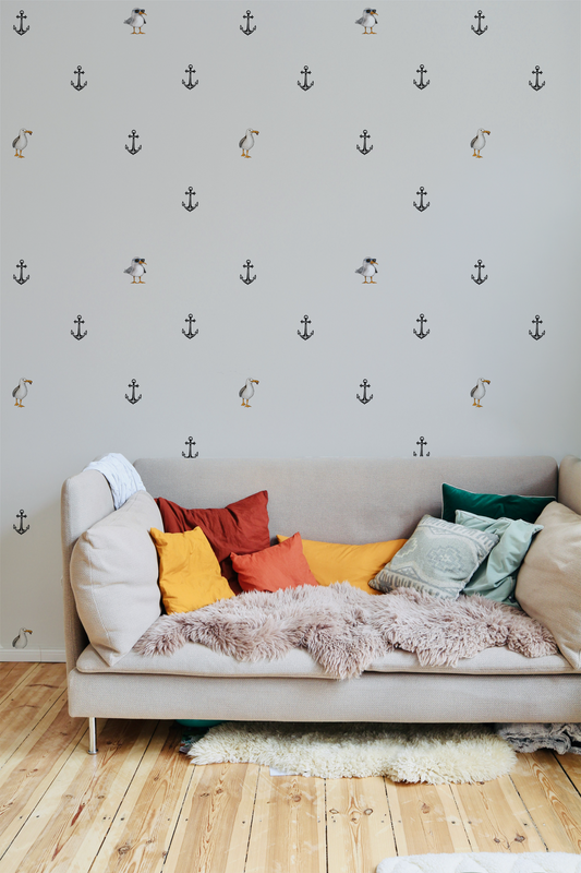Whimsical nautical wallpaper with scattered anchors and quirky seagull illustration, minimalist peel and stick wallpaper in living room
