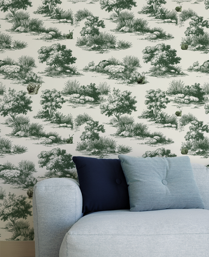 Vintage pastoral wallpaper with trees and grass landscape featuring snails wearing glasses, detailed toile style peel and stick wallpaper in living room