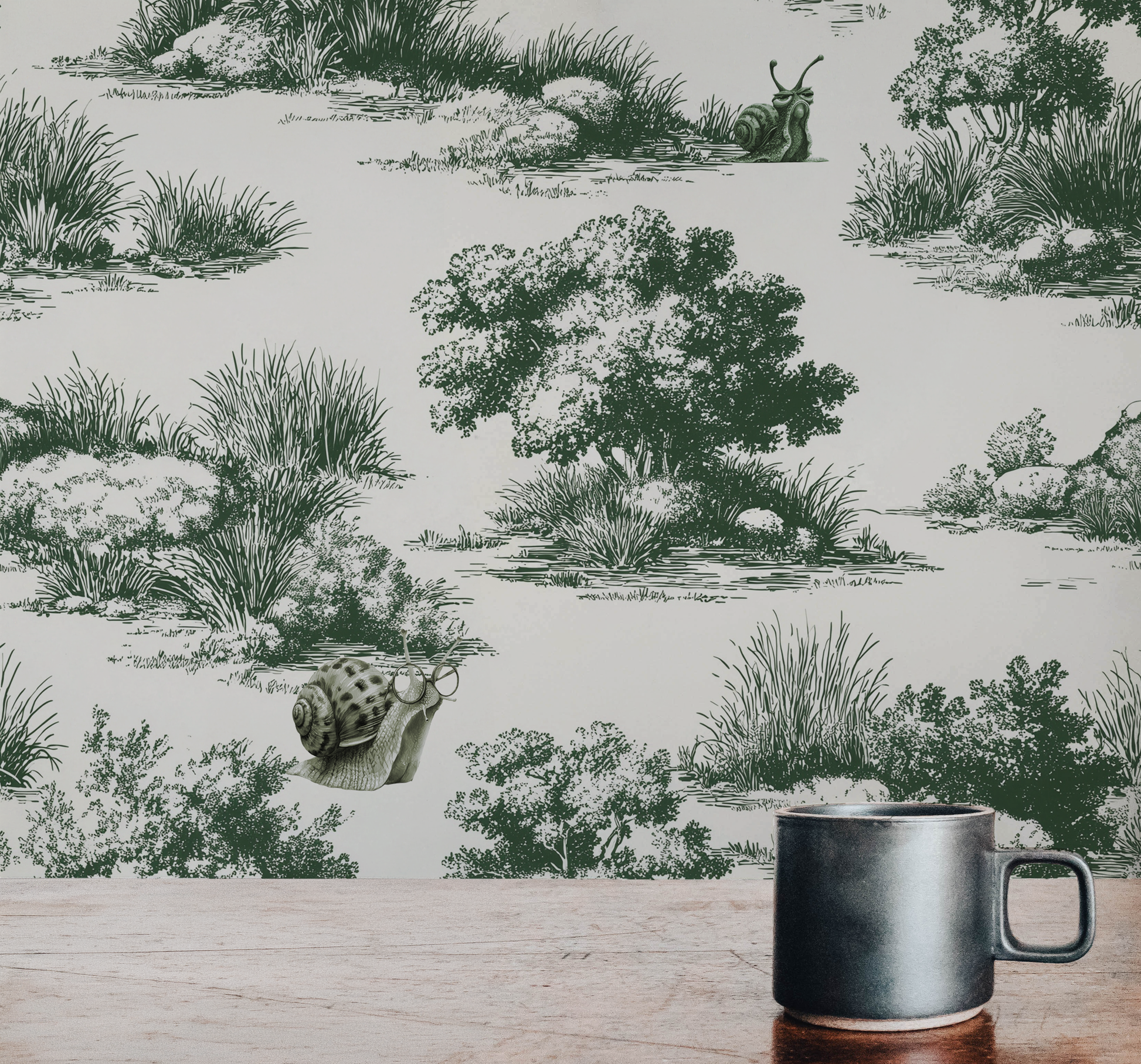 Vintage pastoral wallpaper with trees and grass landscape featuring snails wearing glasses, detailed toile style peel and stick wallpaper in kitchen