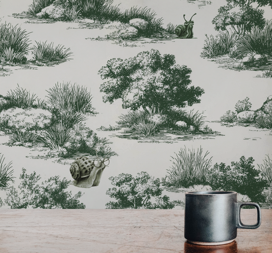 Vintage pastoral wallpaper with trees and grass landscape featuring snails wearing glasses, detailed toile style peel and stick wallpaper in kitchen