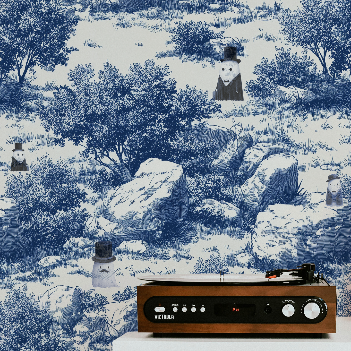 Blue toile peel and stick wallpaper with pastoral landscape, rocks and trees, whimsical ghost characters in vintage top hats on wall