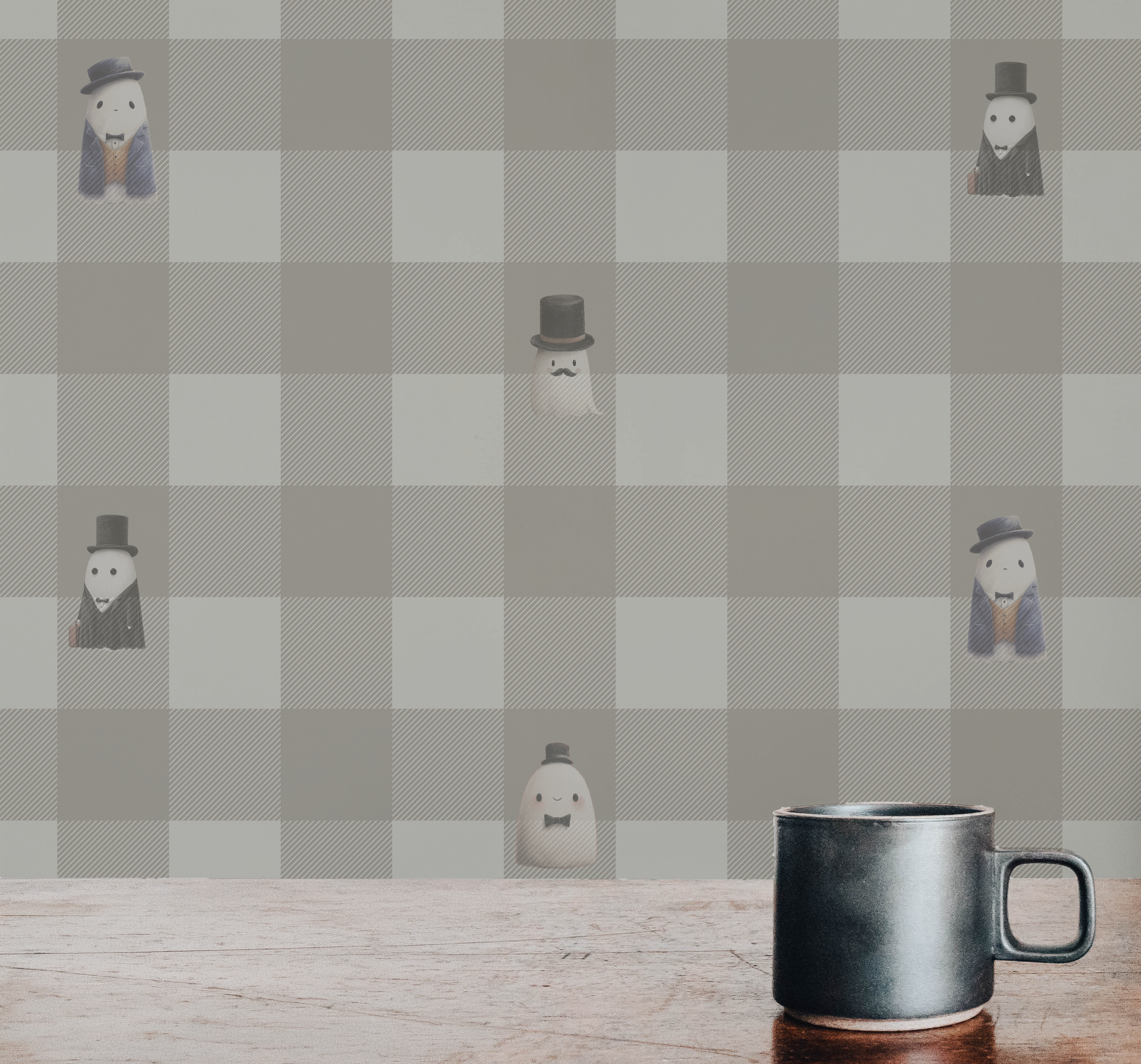 Beige checkerboard peel and stick wallpaper with striped squares and whimsical ghost figures in top hats and suits on wall