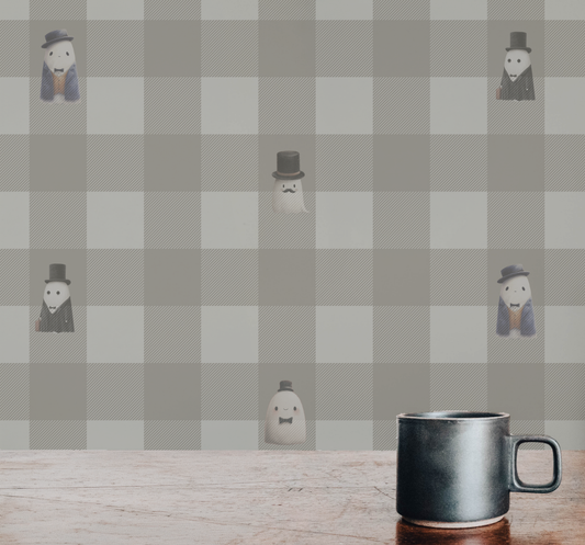 Beige checkerboard peel and stick wallpaper with striped squares and whimsical ghost figures in top hats and suits on wall