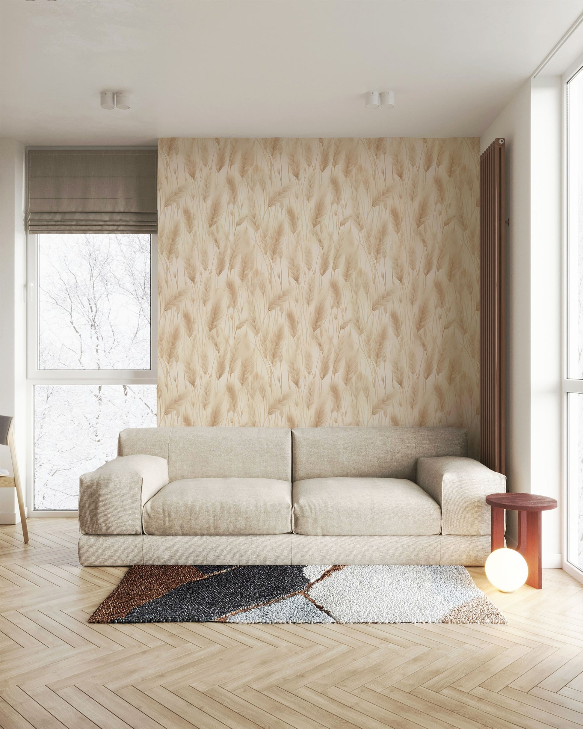 Neutral botanical wallpaper featuring soft pampas grass plumes and dried meadow grasses in warm ivory, cream, and sandy beige tones on a light background in living room