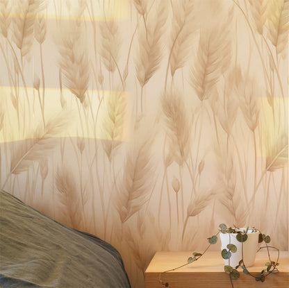 Neutral botanical wallpaper featuring soft pampas grass plumes and dried meadow grasses in warm ivory, cream, and sandy beige tones on a light background in bedroom
