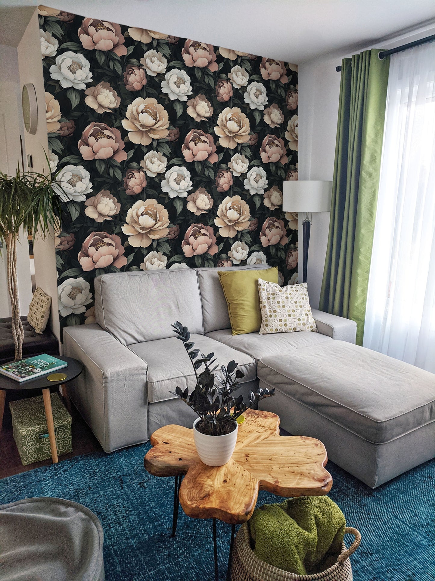 Moonlit Peony - Large Vintage Floral Wallpaper