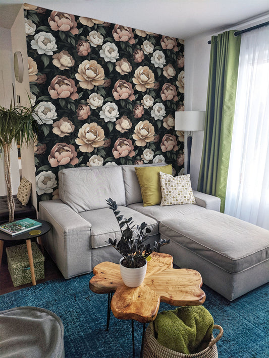 Moonlit Peony - Large Vintage Floral Wallpaper