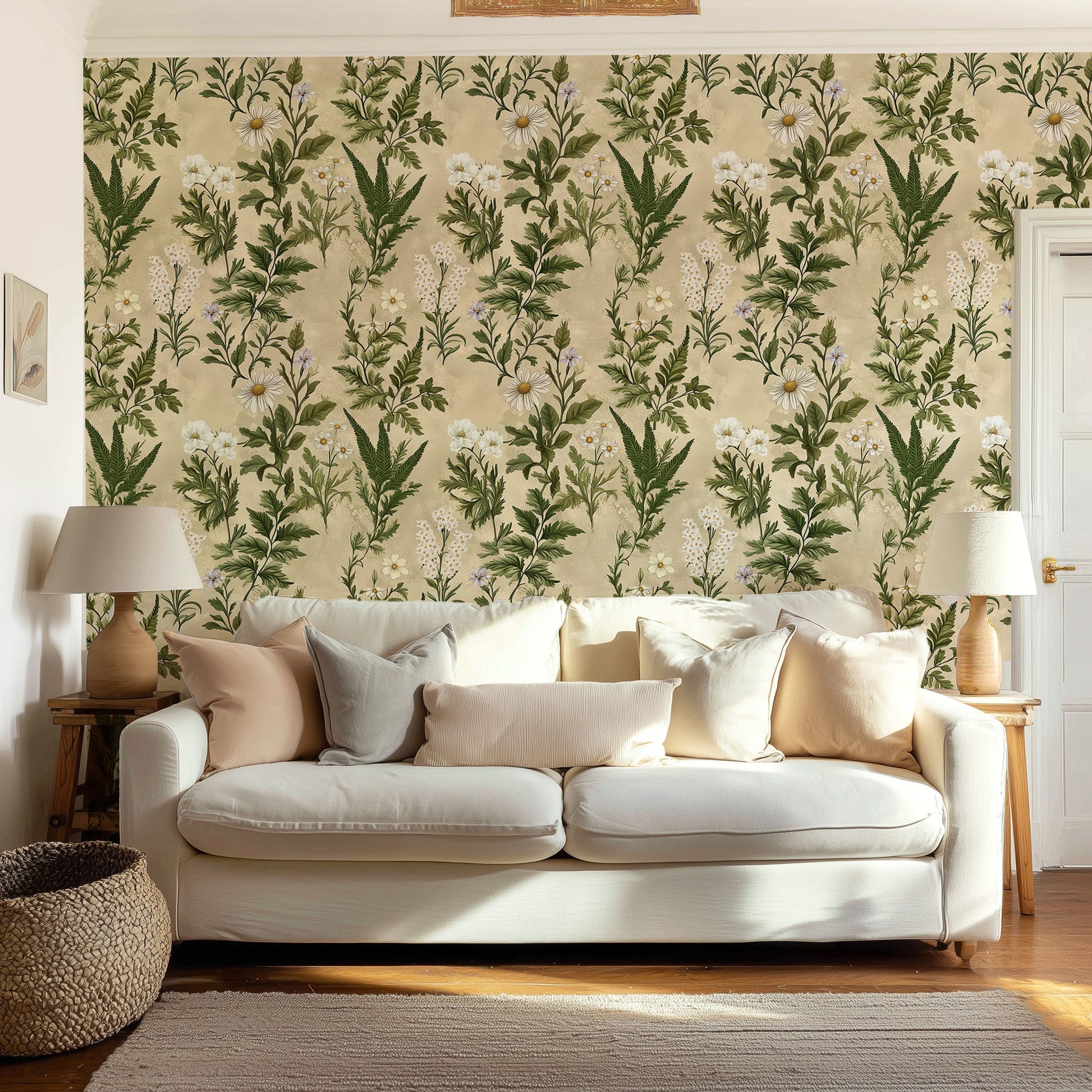 neutral wildflower wallpaper featuring delicate hand-drawn stems, seed heads, and meadow blooms in muted taupe and cream in living room