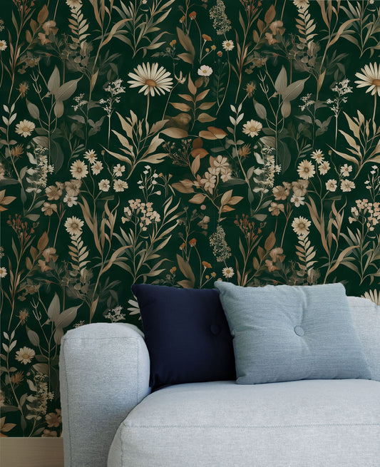 Midnight Meadow Blooms - Green Wildflower Wallpaper