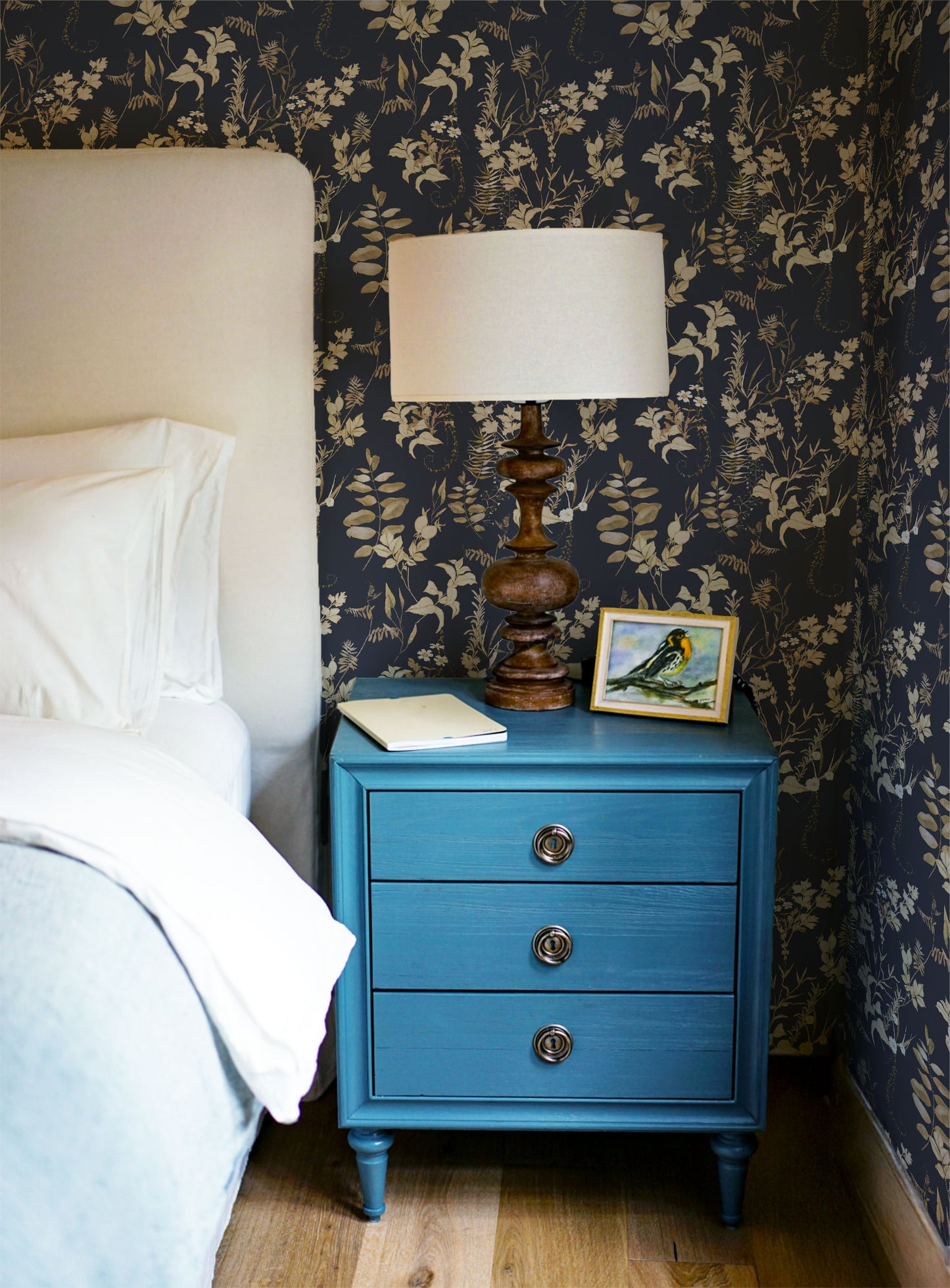 Dark moody blue and gold floral peel and stick wallpaper