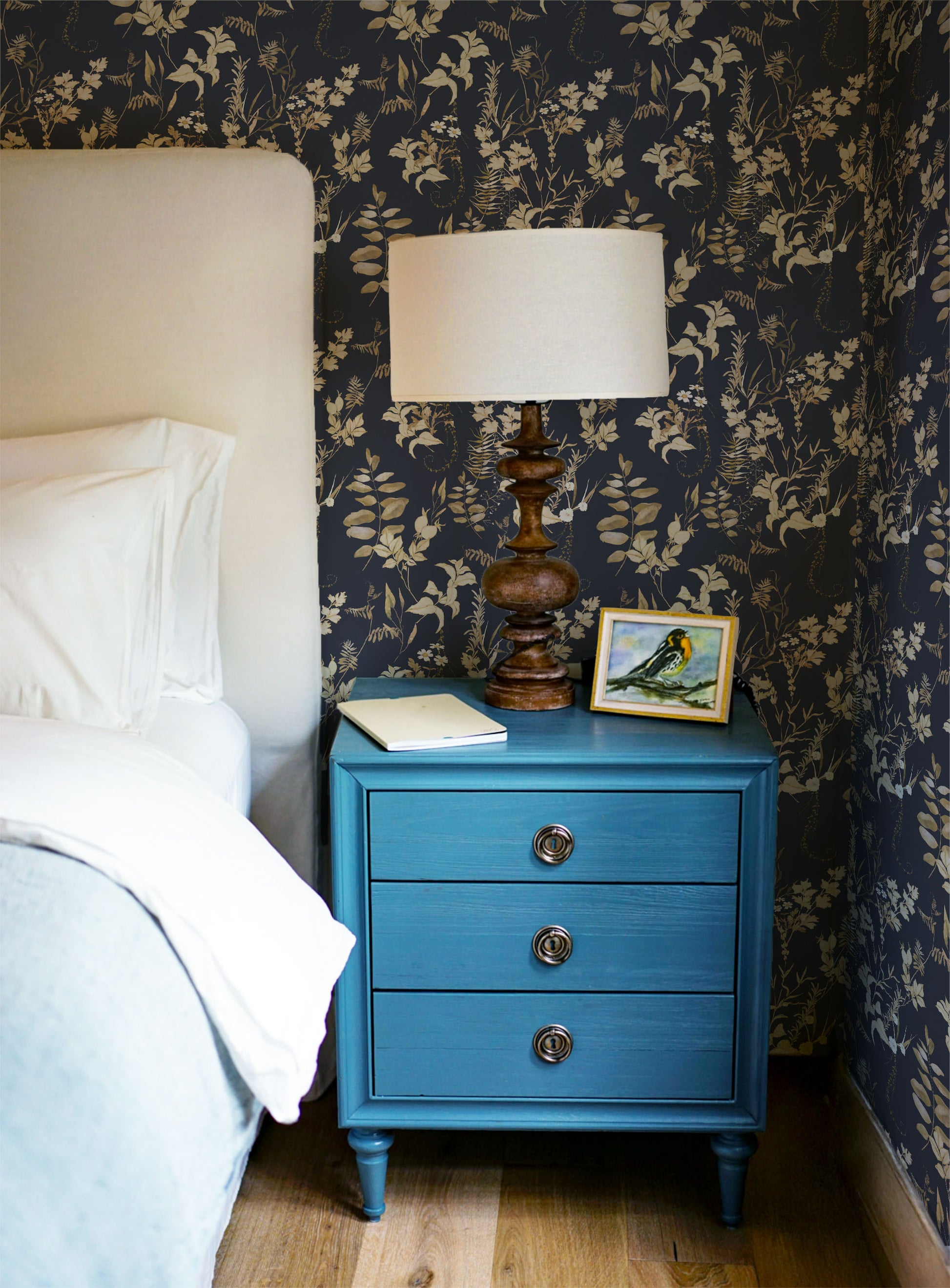 Dark moody blue and gold floral peel and stick wallpaper