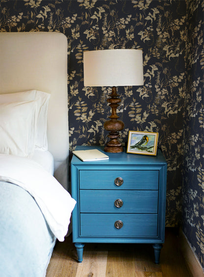 Dark moody blue and gold floral peel and stick wallpaper