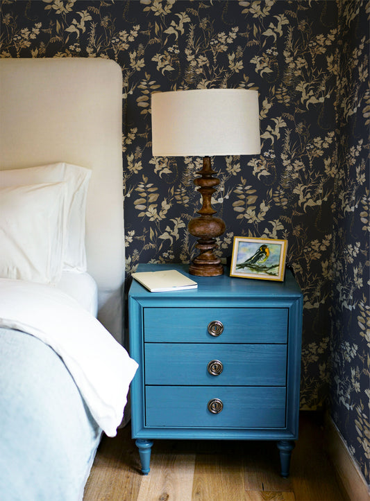 Dark moody blue and gold floral peel and stick wallpaper