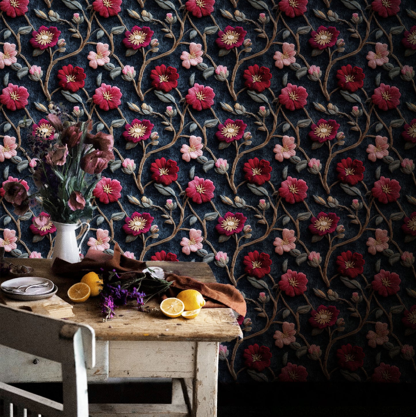 Dark Floral Wallpaper – Crimson Rose Vine Design
