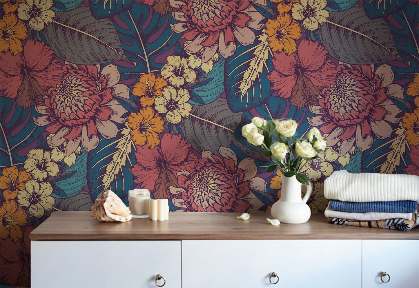 Dark Tropical Floral Wallpaper - Moody Botanical Peel and Stick