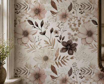Soft Windflower - Ivory and Pink Wildflower Wallpaper