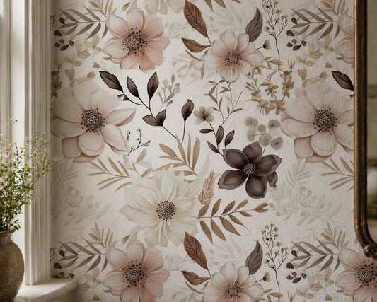 Soft Windflower - Ivory and Pink Wildflower Wallpaper