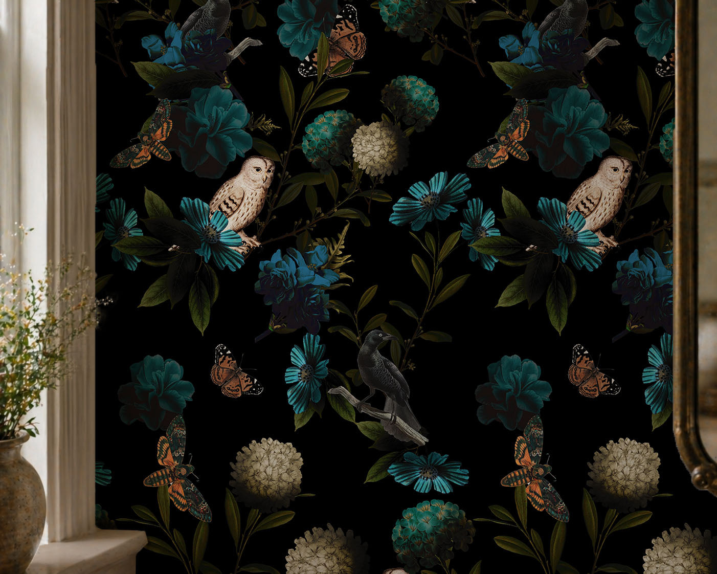 Ethereal - Dark Moody Owl and Moth Floral Wallpaper