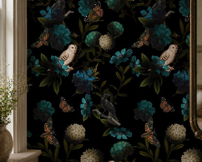 Ethereal - Dark Moody Owl and Moth Floral Wallpaper
