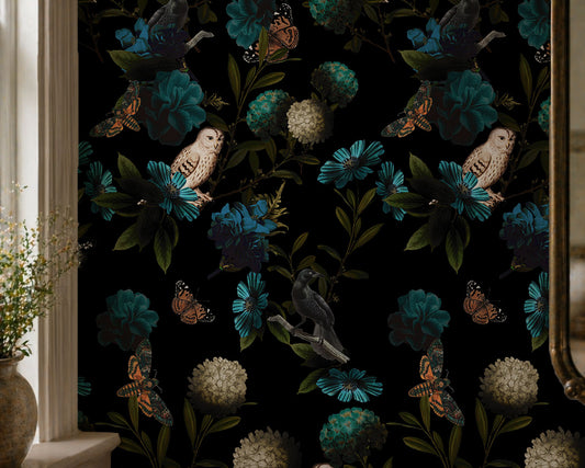 Ethereal - Dark Moody Owl and Moth Floral Wallpaper