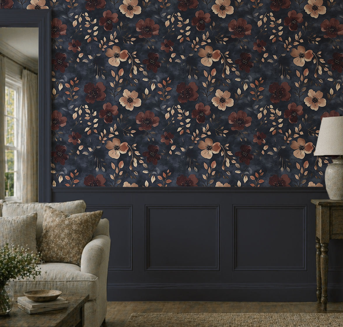 Moody botanical wallpaper featuring delicate primrose blooms and trailing vines in soft gold, cream, and warm amber tones on a deep rich background in living room