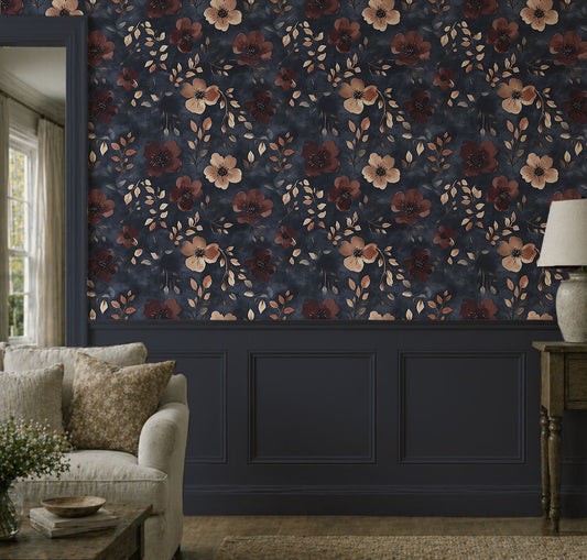 Evening Primrose - Dark Burgundy Floral Wallpaper