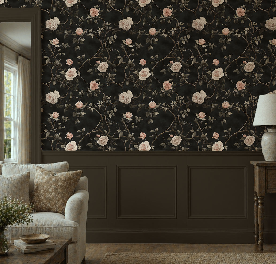 Dark floral wallpaper with ivory and blush roses climbing twisted vines on a moody black background in living room