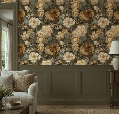 Vintage floral wallpaper featuring cream, ivory, and taupe roses with layered botanical blooms on a muted olive background, creating a warm cottagecore and traditional garden aesthetic, in living room