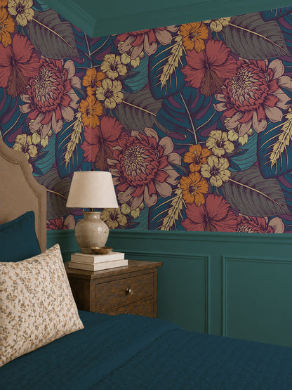 Dark Tropical Floral Wallpaper - Moody Botanical Peel and Stick