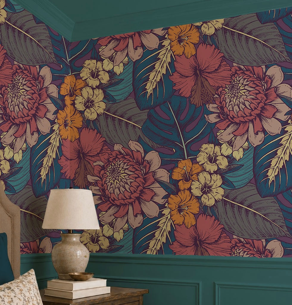 Dark Tropical Floral Wallpaper - Moody Botanical Peel and Stick